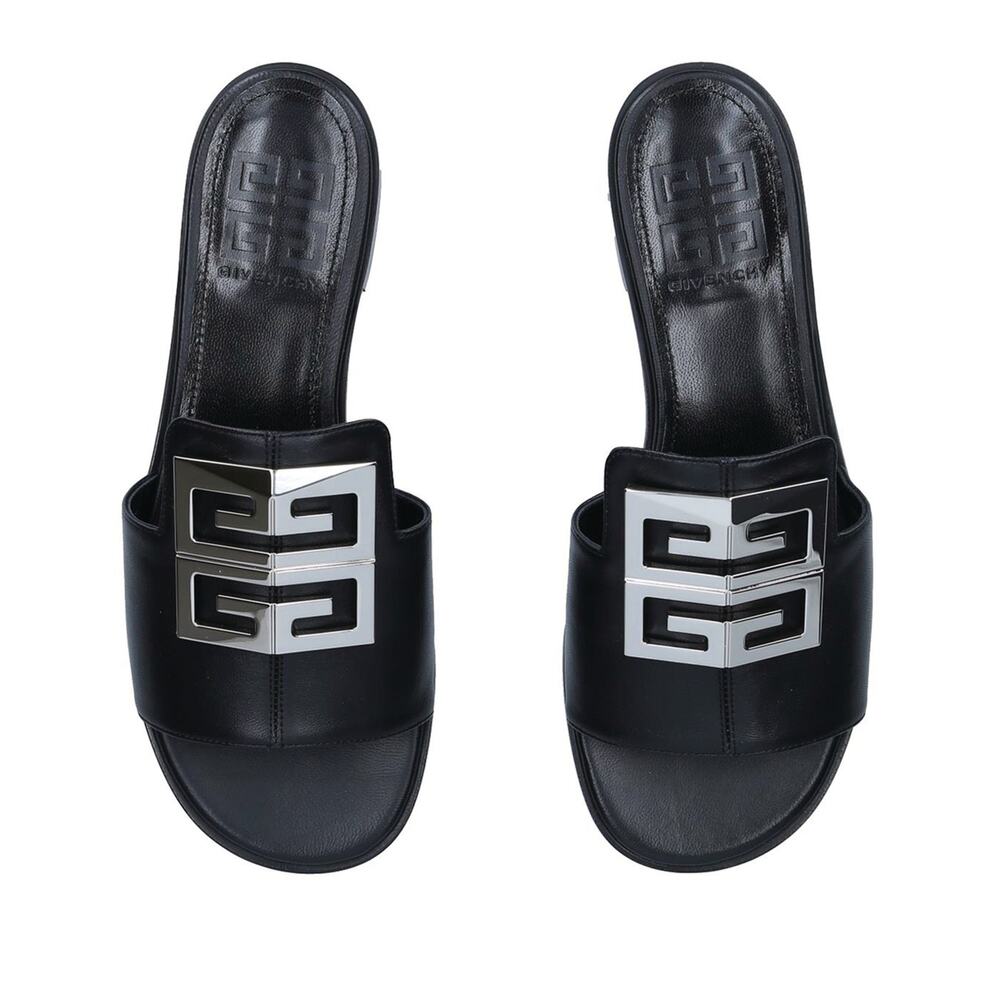 New Givenchy 4G Black Leather Silver Logo Slides